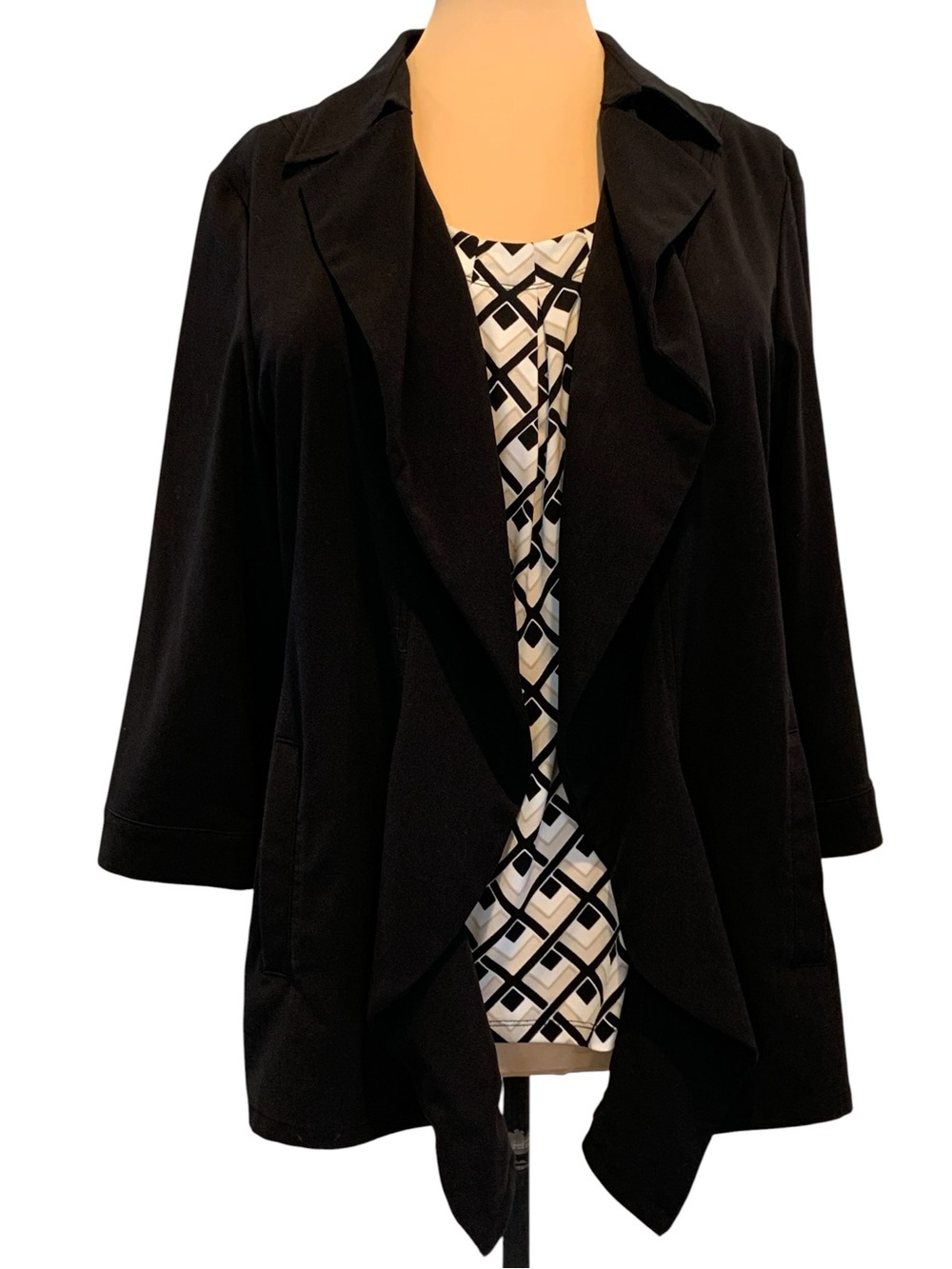 Jones Studio Black Waterfall Collar Draped Open-Front Suit Jacket Blazer Plus 1X